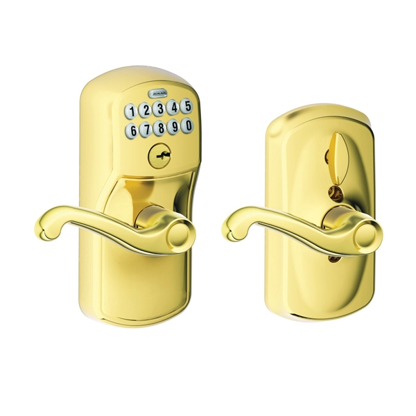 Schlage FE Series FE595 V PLY FLA 50 Keypad Lock with Flex-Lock, Brass, Residential, 2 Grade, Brass, Lever Handle