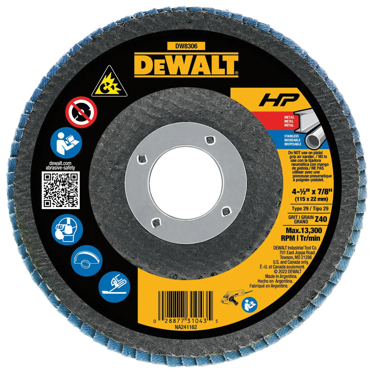 DW8306 Flap Disc, 4-1/2 in Dia, 7/8 in Arbor, 40 Grit, Coarse, Zirconia Abrasive, Fiberglass Backing