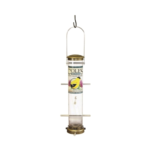 NN08 Tube Bird Feeder, 17 in H, 1-1/4 lb, Metal/Plastic, Brass