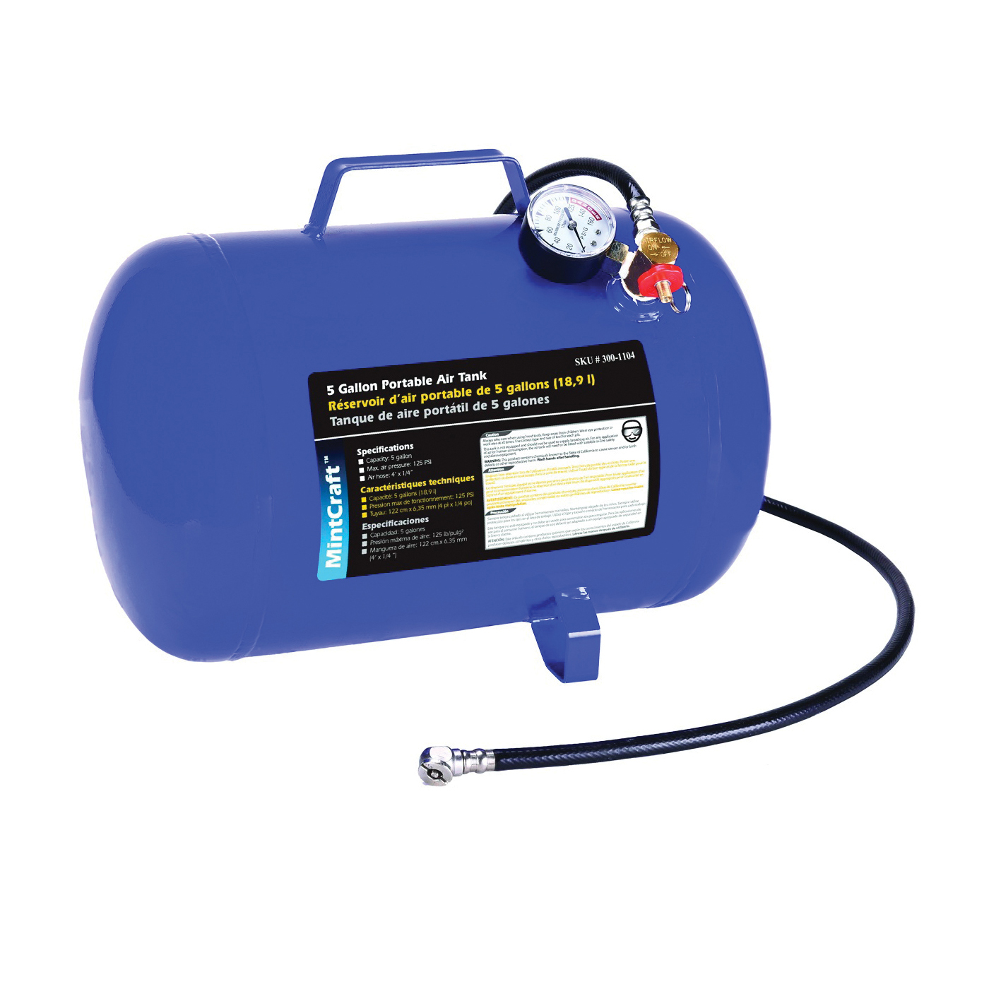 AT05 Portable Air Tank, 5 gal Tank, 1/4 in Inlet, 5/16 in Outlet, 85 to 125 psi Pressure, Steel, 2 mm