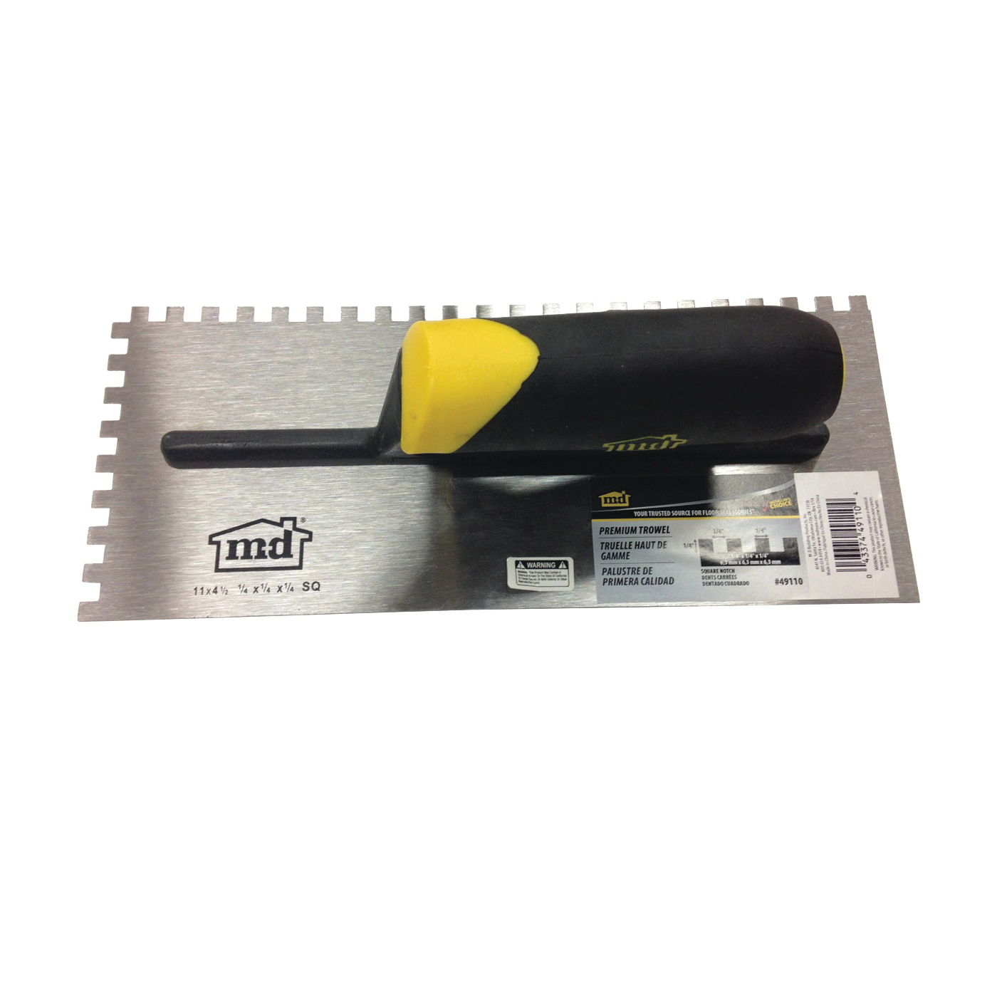 49110 Premium Notch Trowel, 11 in L, 4-1/2 in W, Square Notch, Ergonomic Handle, Black/Yellow Handle