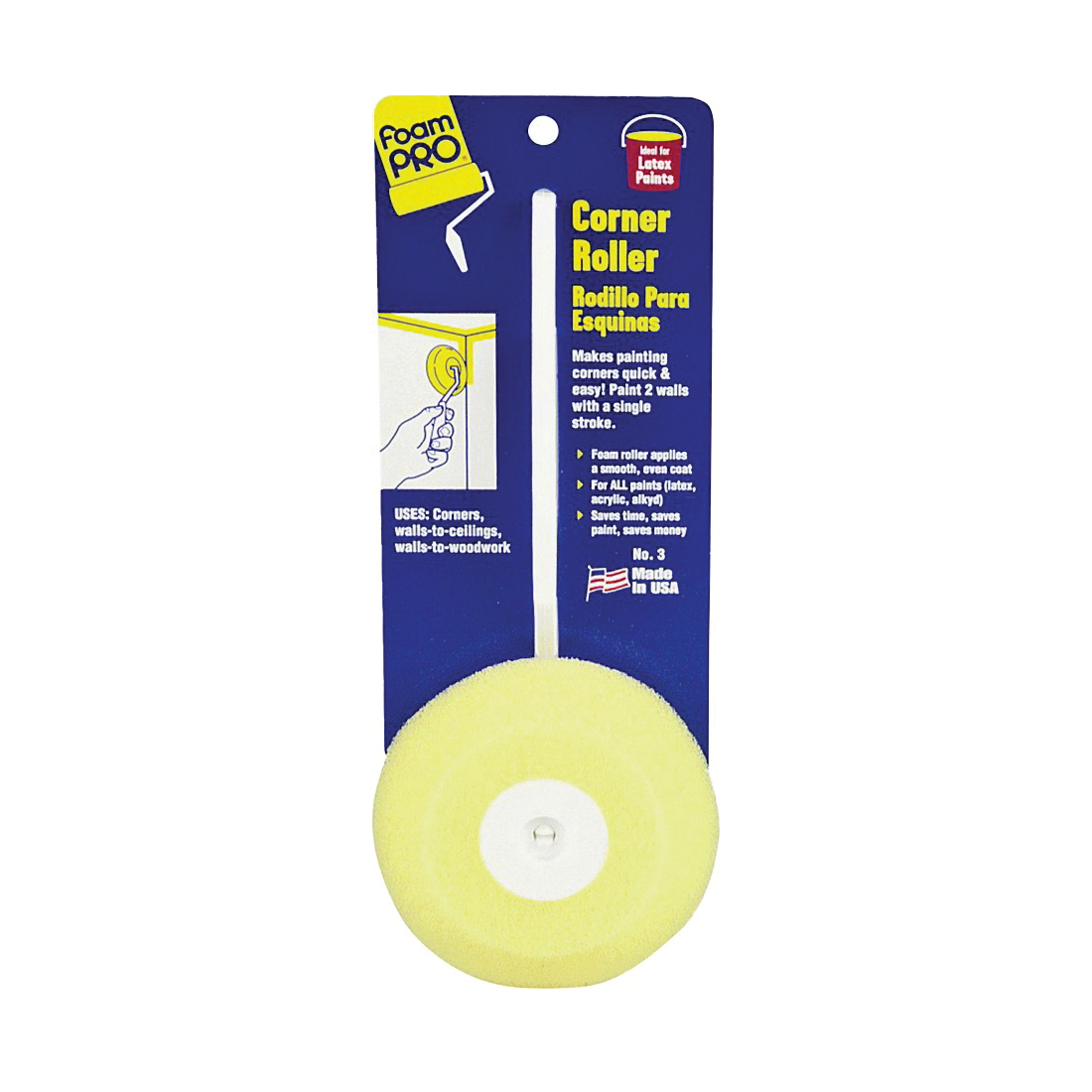 3 Corner Roller, 9 in L Pad, 1-1/2 in W Pad, Foam Pad