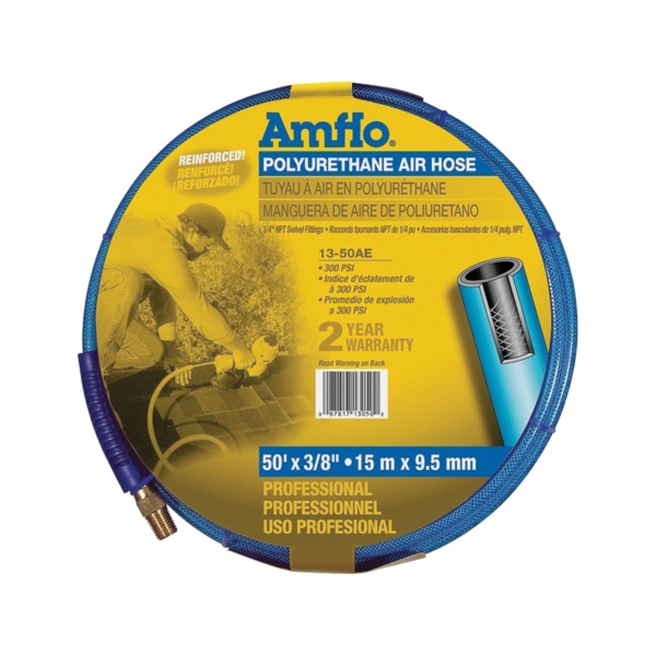 13-50AE Air Hose, 3/8 in OD, 50 ft L, MNPT, 300 psi Pressure, Polyurethane, Blue