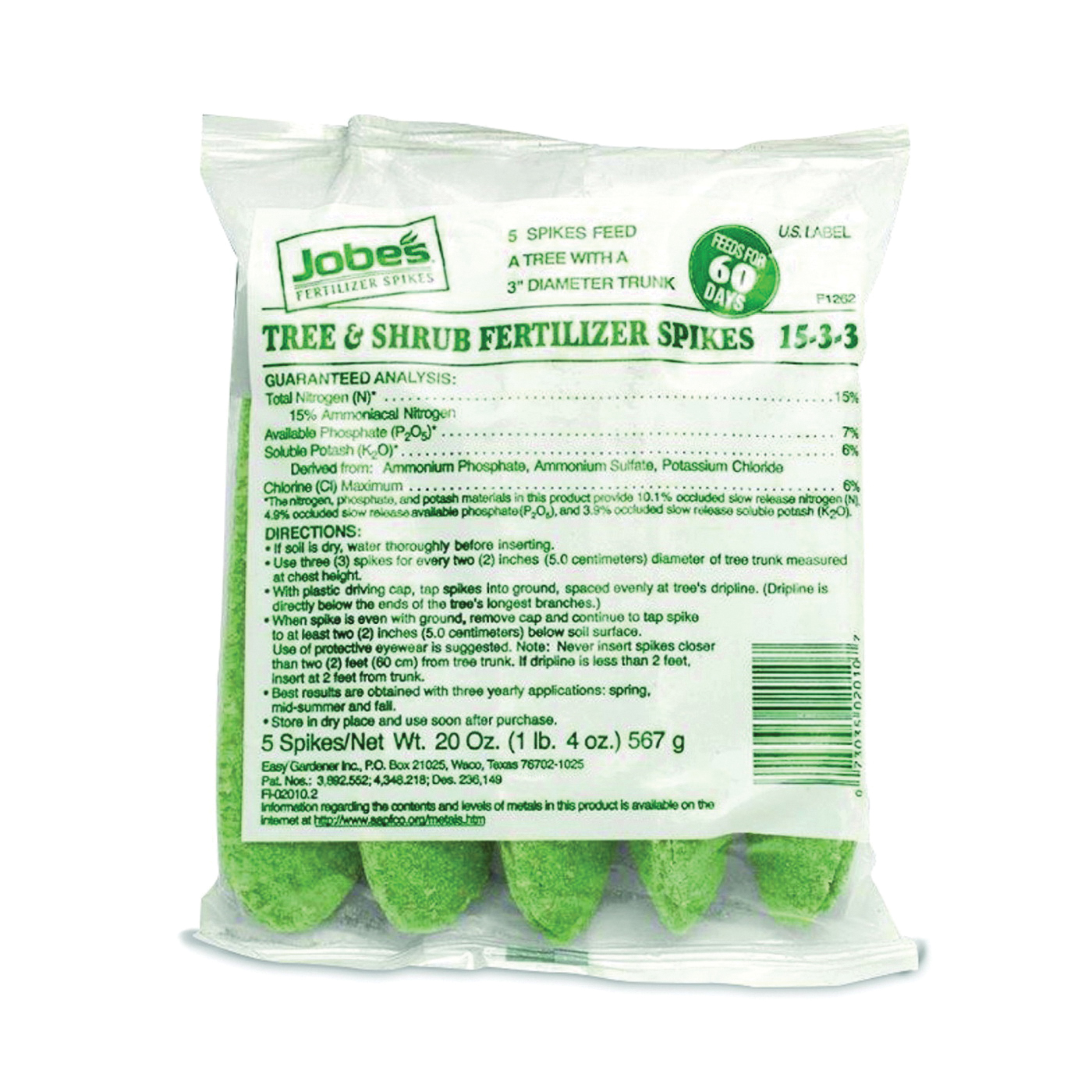 02010 Fertilizer Spike Bag, Spike, 15-3-3 N-P-K Ratio