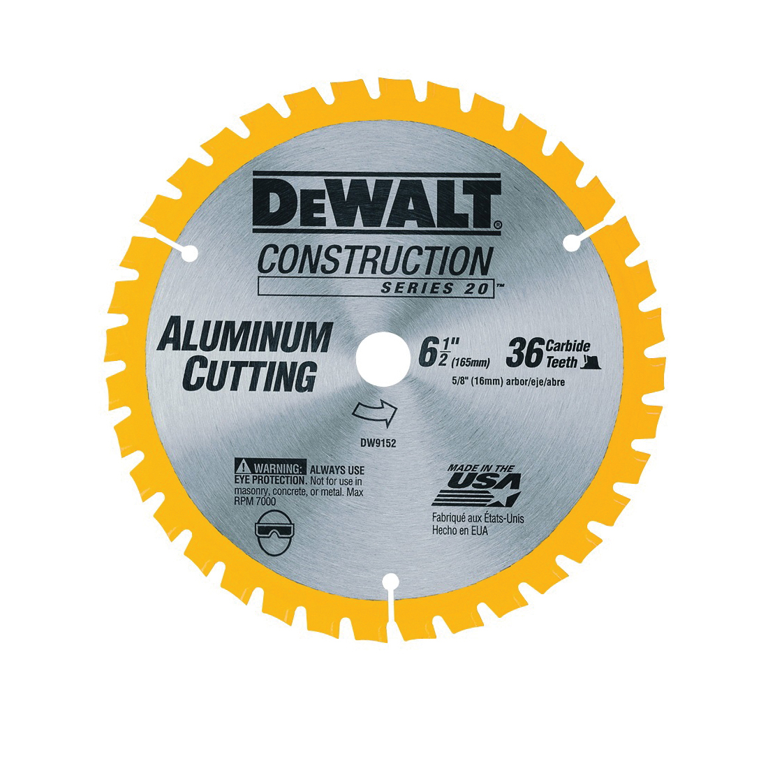 DW9152 Circular Saw Blade, Metal, 6-1/2 in Dia, 5/8 in Arbor, 36-Teeth, Carbide Cutting Edge