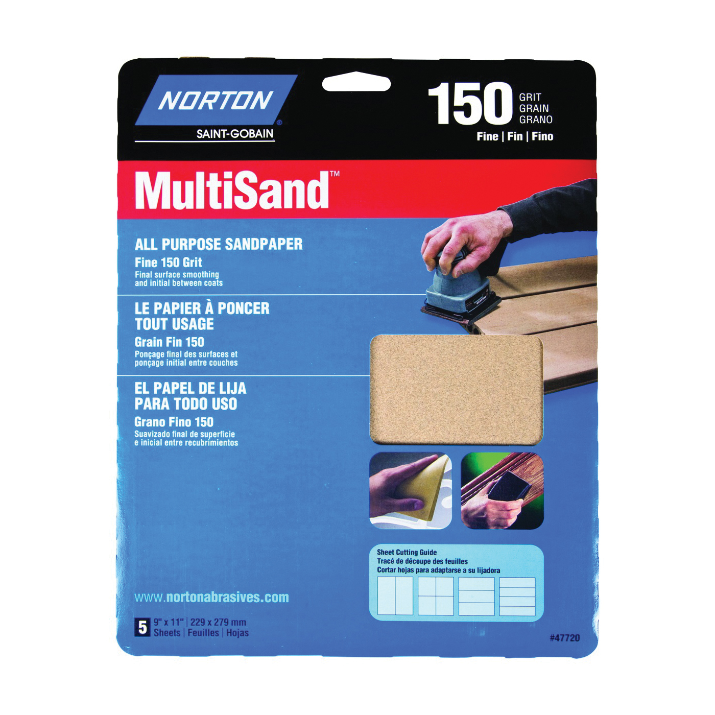 MultiSand 07660747720 Sanding Sheet, 11 in L, 9 in W, Fine, 150 Grit, Aluminum Oxide Abrasive, Paper Backing