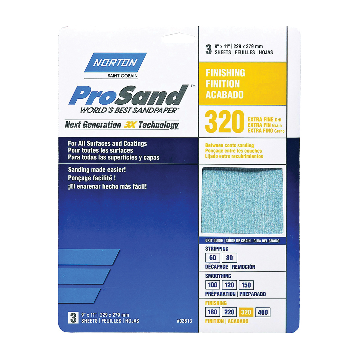 ProSand 07660768157 Sanding Sheet, 11 in L, 9 in W, Extra Fine, 320 Grit, Aluminum Oxide Abrasive, Paper Backing, 3 pk
