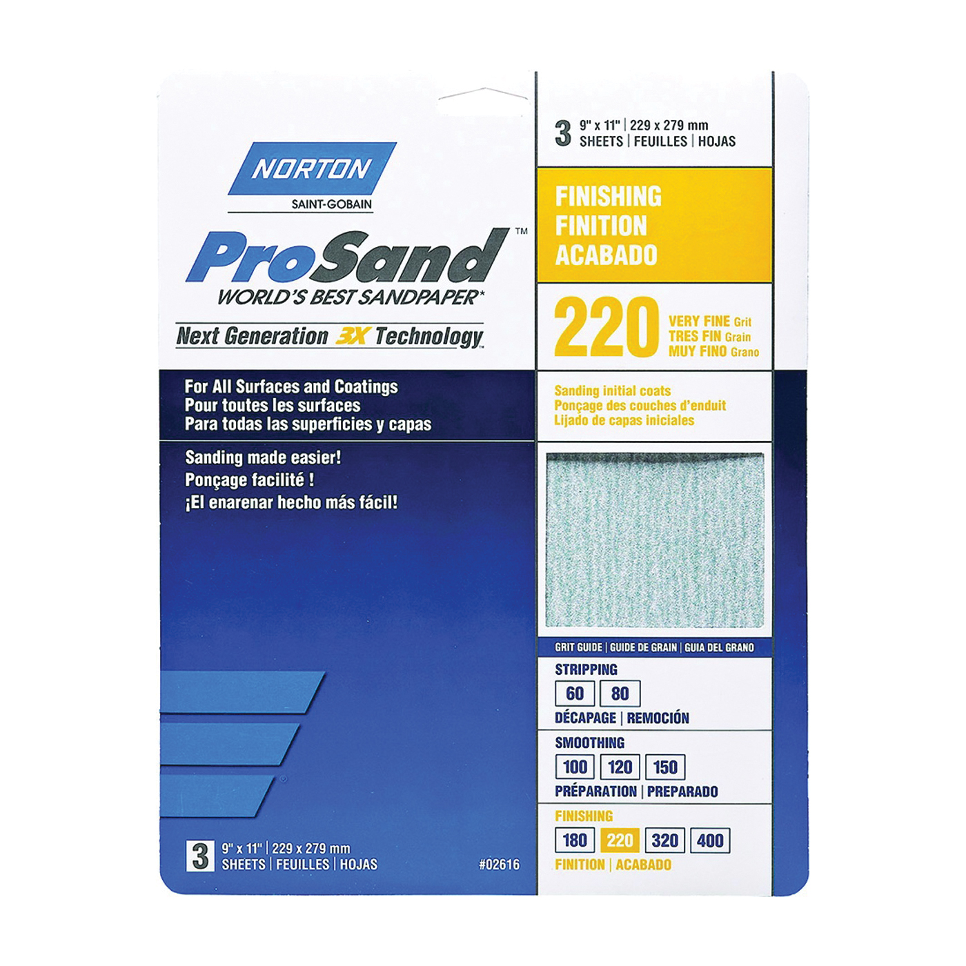 ProSand 07660768158 Sanding Sheet, 11 in L, 9 in W, Very Fine, 220 Grit, Aluminum Oxide Abrasive, Paper Backing, 3 pk