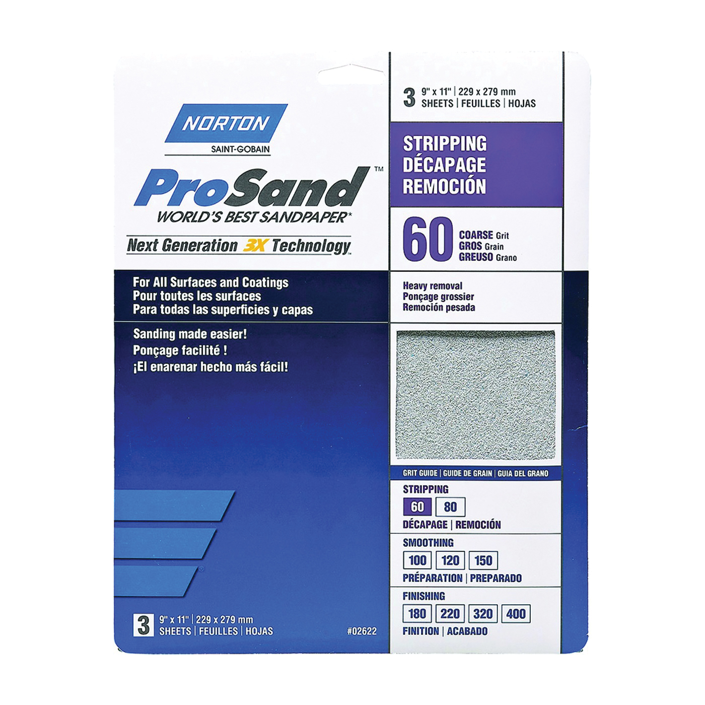 ProSand 07660768164 Sanding Sheet, 11 in L, 9 in W, Coarse, 60 Grit, Aluminum Oxide Abrasive, Paper Backing, 3 pk