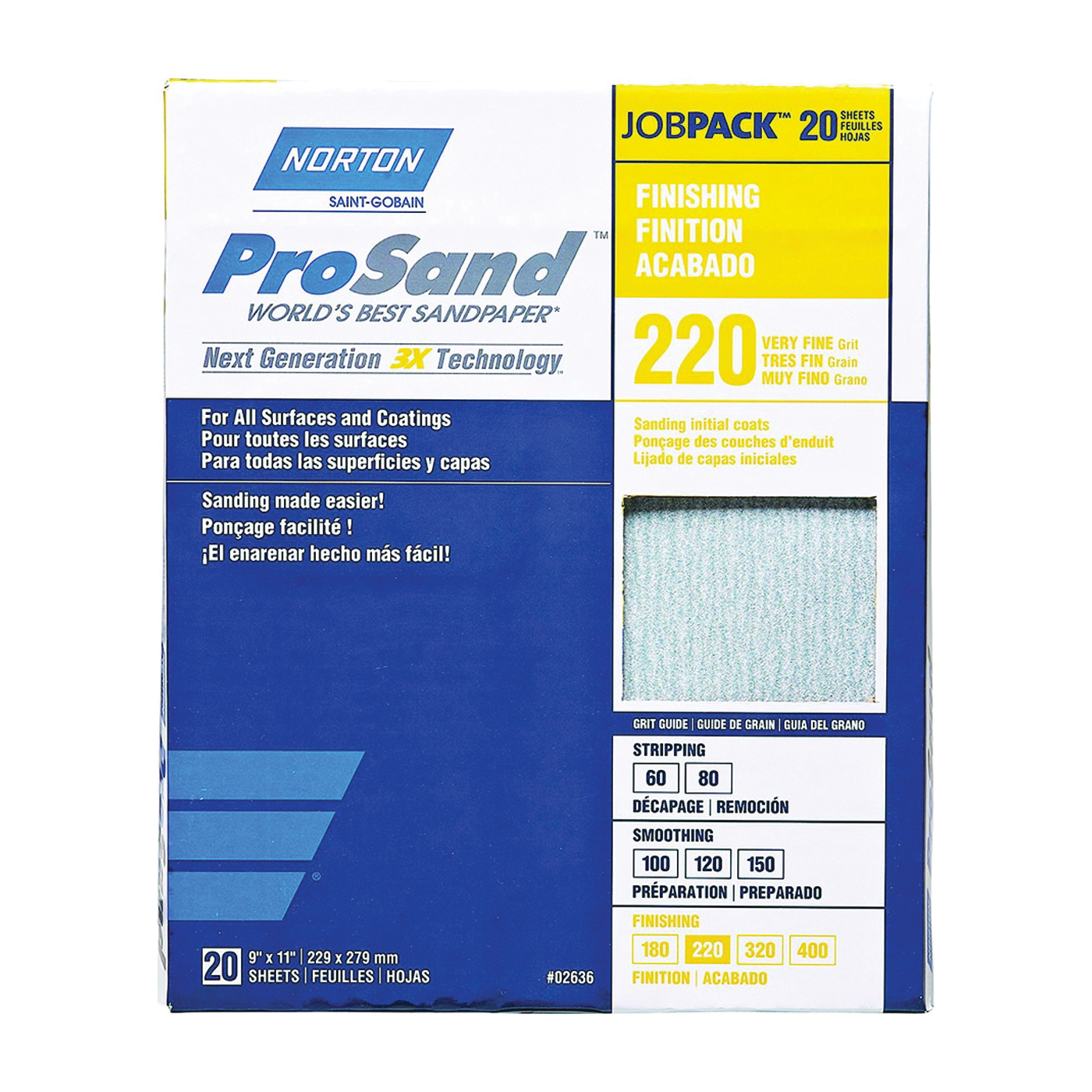 ProSand 07660768167 Sanding Sheet, 11 in L, 9 in W, Very Fine, 220 Grit, Aluminum Oxide Abrasive, Paper Backing, 20 pk