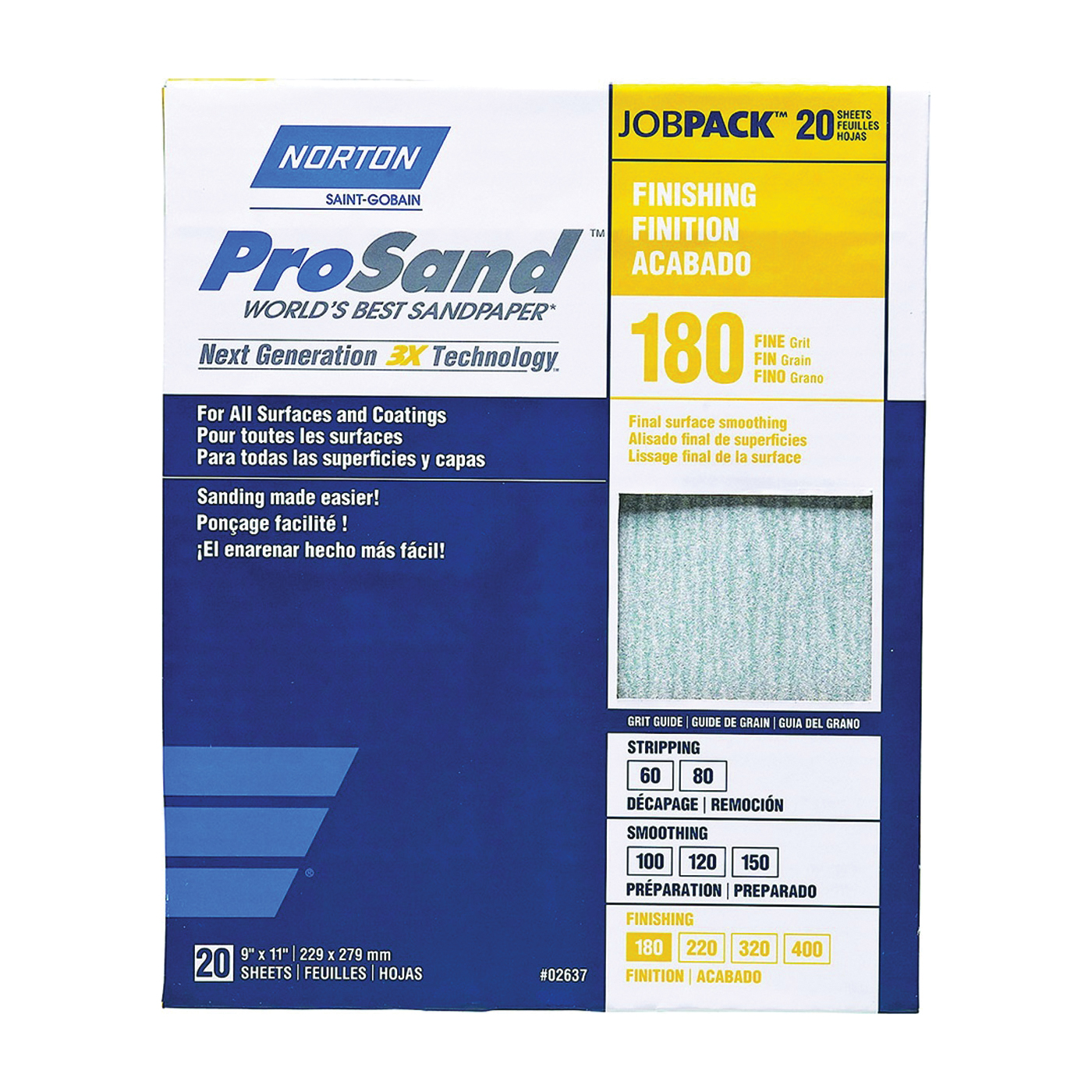 ProSand 07660768168 Sanding Sheet, 11 in L, 9 in W, Fine, 180 Grit, Aluminum Oxide Abrasive, Paper Backing, 20 pk