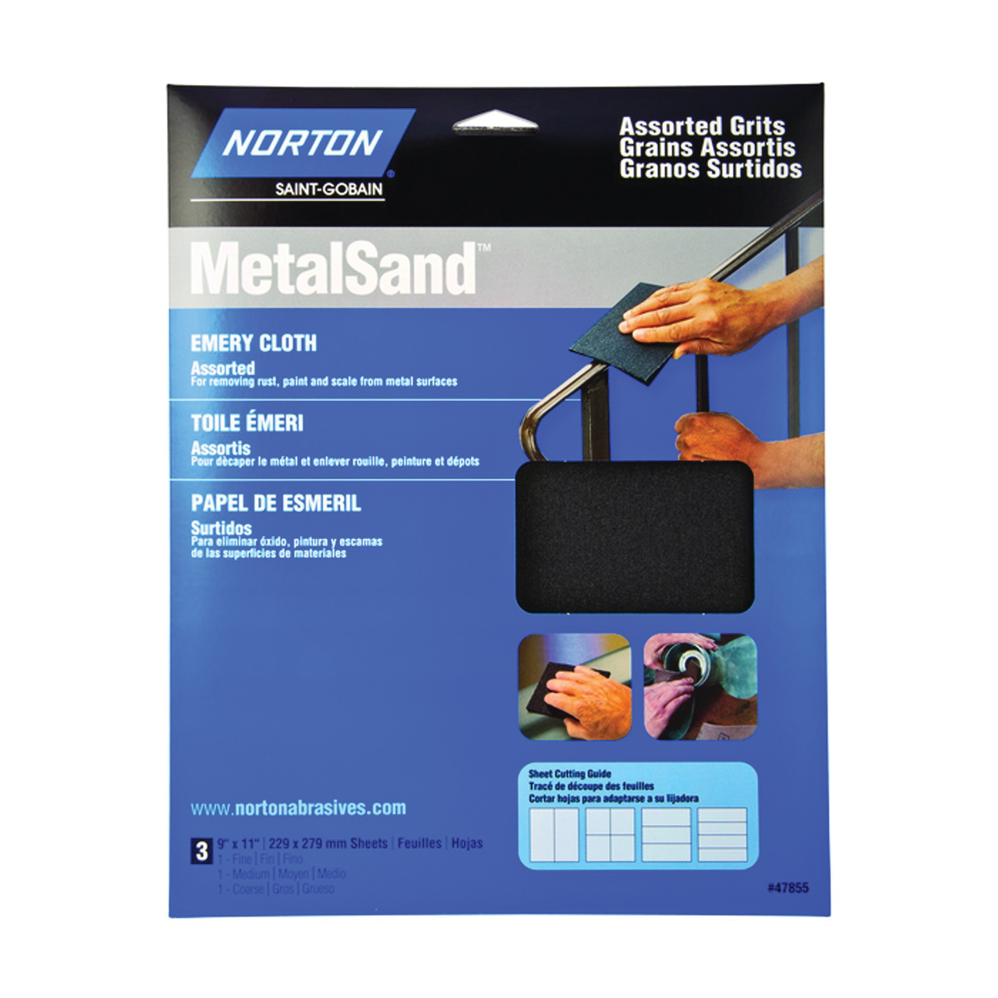 MetalSand 07660747855 Sanding Sheet, 11 in L, 9 in W, Emery Abrasive, Cloth Backing, 3 pk