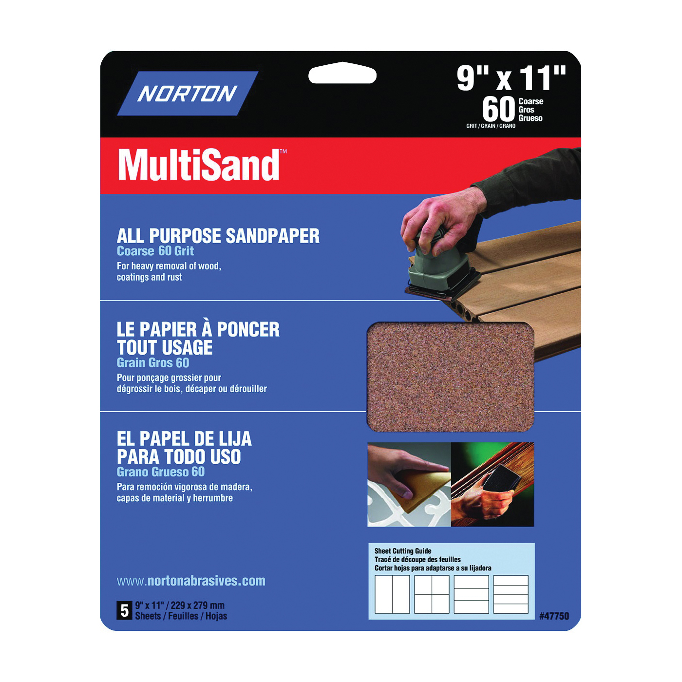 MultiSand 07660747750 Sanding Sheet, 11 in L, 9 in W, Coarse, 60 Grit, Aluminum Oxide Abrasive, Paper Backing