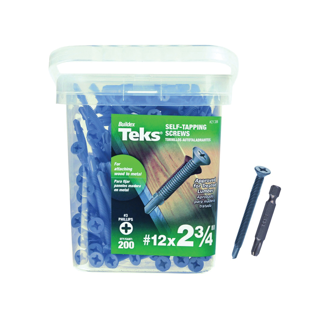 21386 Roofing Screw, #12 Thread, 2-3/4 in L, Fine Thread, Hex, Phillips Drive, Drill, Self-Tapping Point, Steel, Zinc, 200 ea