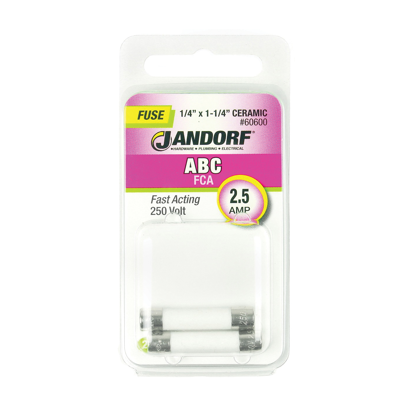 JANDORF ABC Series 60600 Fast Acting Fuse, 2.5 A, 250 V, 100 A, 10 kA Interrupt, Ceramic Body, ABC, Fast-Acting Fuse