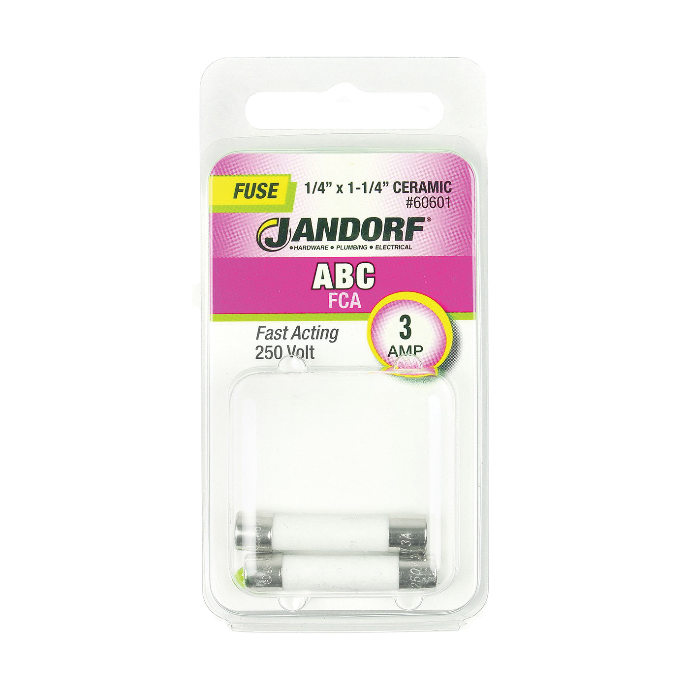 JANDORF ABC Series 60601 Fast Acting Fuse, 3 A, 250 V, 100 A, 10 kA Interrupt, Ceramic Body, ABC, Fast-Acting Fuse