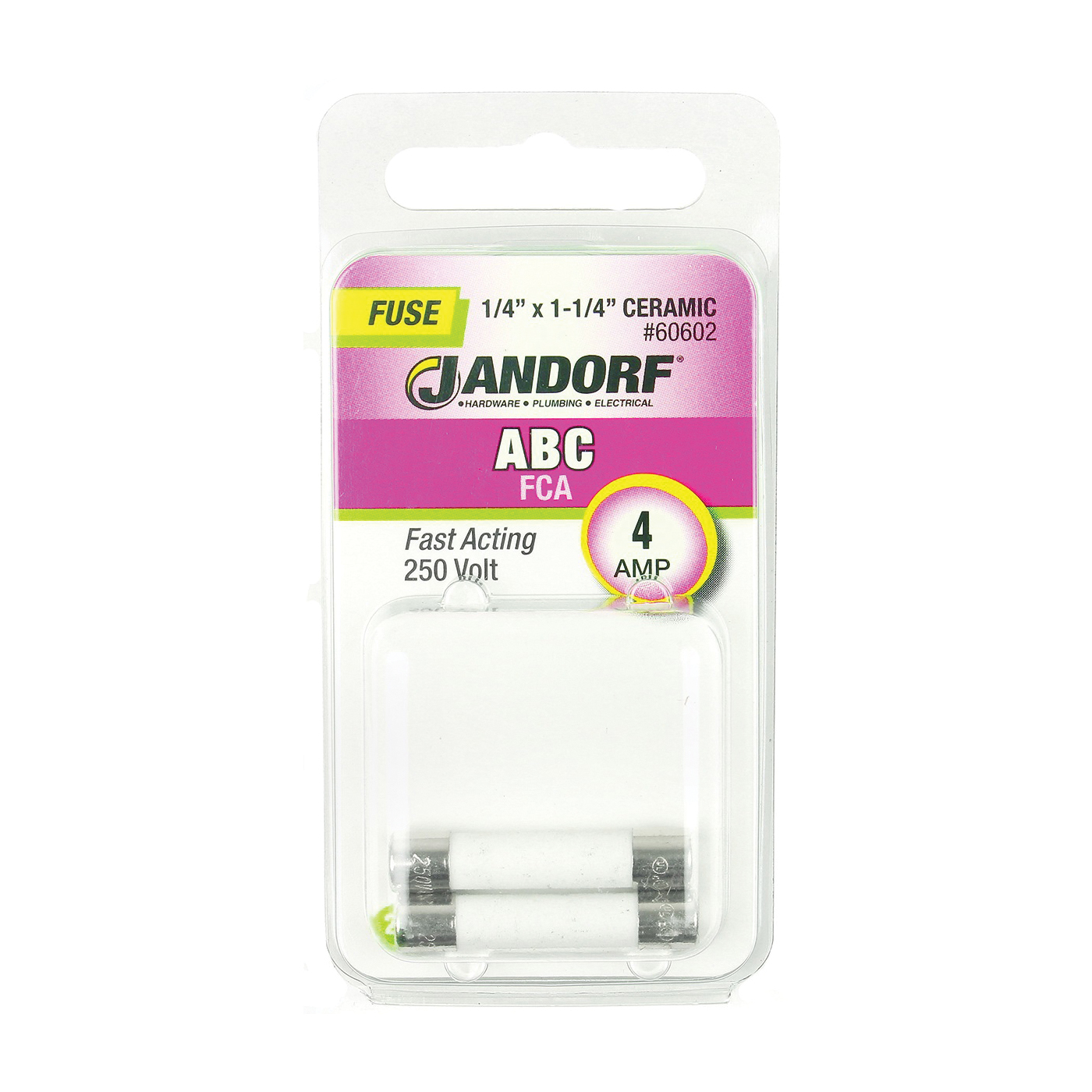 JANDORF ABC Series 60602 Fast Acting Fuse, 4 A, 250 V, 200 A, 10 kA Interrupt, Ceramic Body, ABC, Fast-Acting Fuse