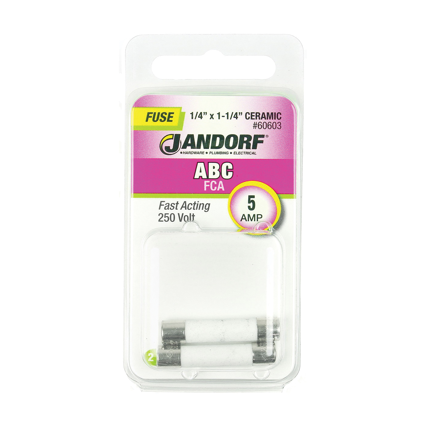 JANDORF ABC Series 60603 Fast Acting Fuse, 5 A, 250 V, 200 A, 10 kA Interrupt, Ceramic Body, ABC