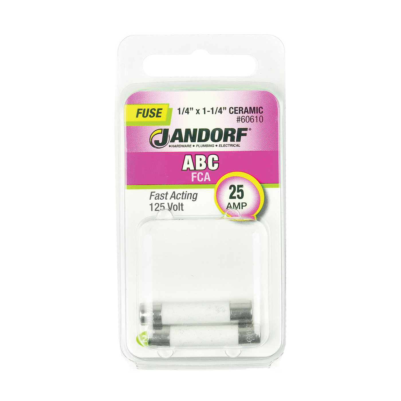 JANDORF ABC Series 60610 Fast Acting Fuse, 25 A, 125 VDC, 200, 400, 1000 A Interrupt, Ceramic Body, ABC