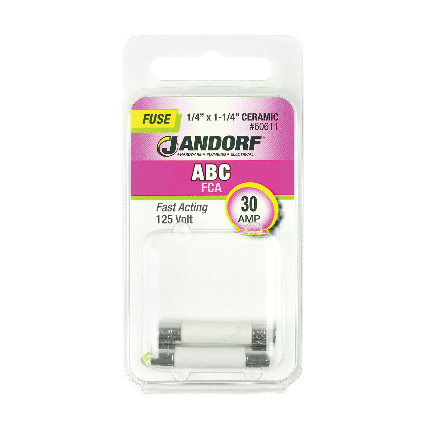 JANDORF ABC Series 60611 Fast Acting Fuse, 30 A, 125 VDC, 200, 400, 1000 A Interrupt, Ceramic Body, ABC