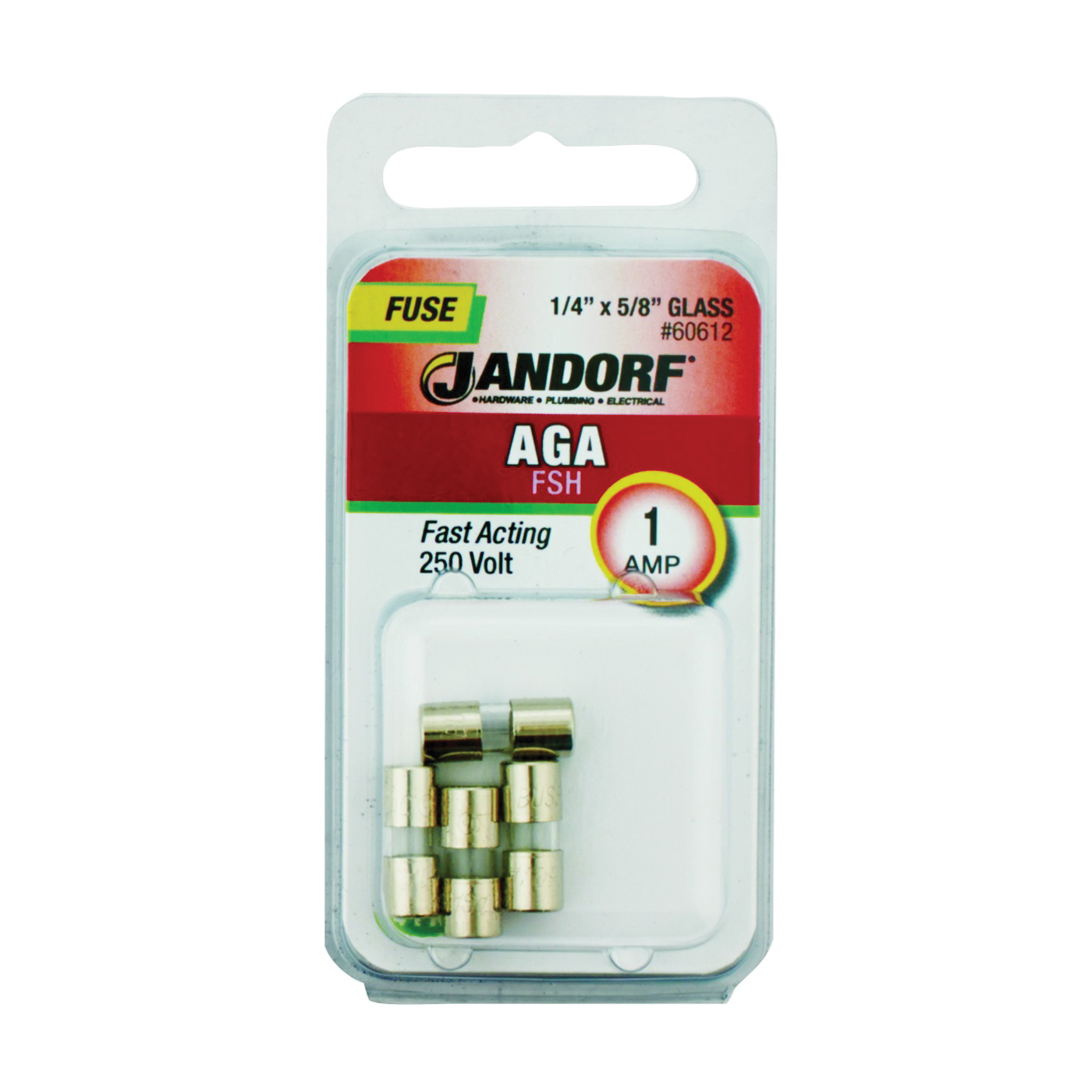 JANDORF AGA Series 60612 Fast Acting Fuse, 1 A, 250 V, 35 A, 10 kA Interrupt, Glass Body, Fast-Acting Fuse