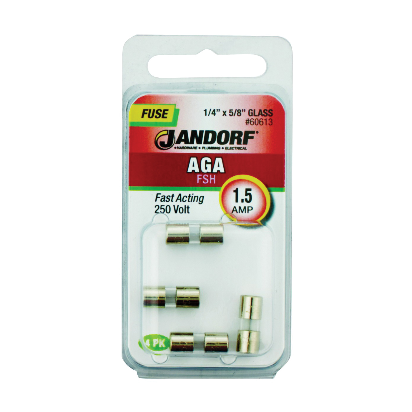 JANDORF AGA Series 60613 Fast Acting Fuse, 1.5 A, 250 V, 100 A, 10 kA Interrupt, Glass Body, Fast-Acting Fuse