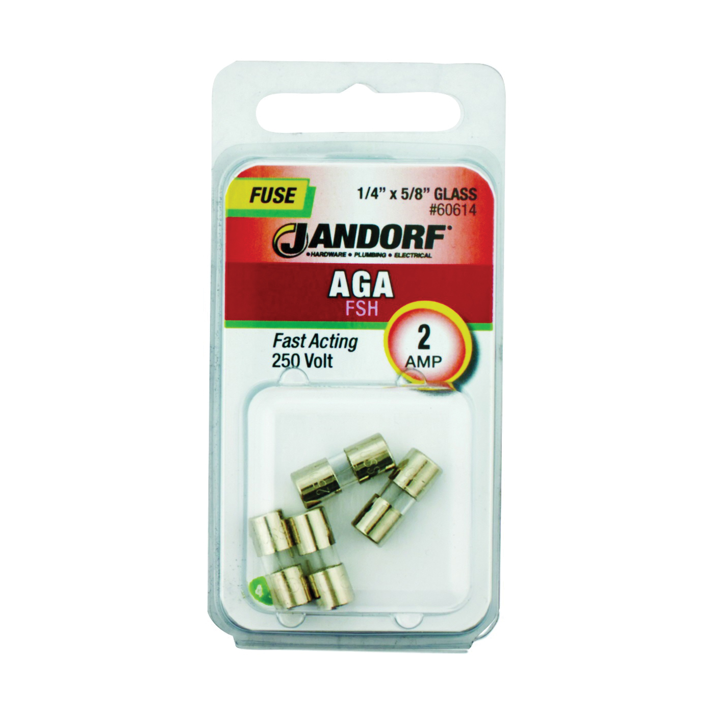 JANDORF AGA Series 60614 Fast Acting Fuse, 2 A, 250 V, 100, 200 A Interrupt, Glass Body, AGA, Fast-Acting Fuse