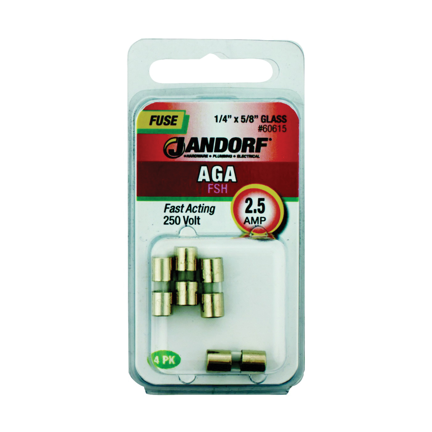 JANDORF AGA Series 60615 Fast Acting Fuse, 2.5 A, 250 V, 100, 200 A Interrupt, Glass Body, Fast-Acting Fuse