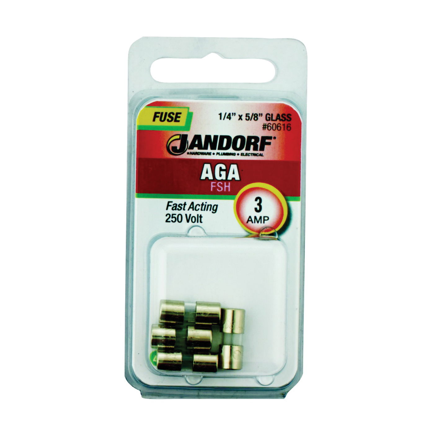 JANDORF AGA Series 60616 Fast Acting Fuse, 3 A, 250 V, 100, 200 A Interrupt, Glass Body, AGA, Fast-Acting Fuse