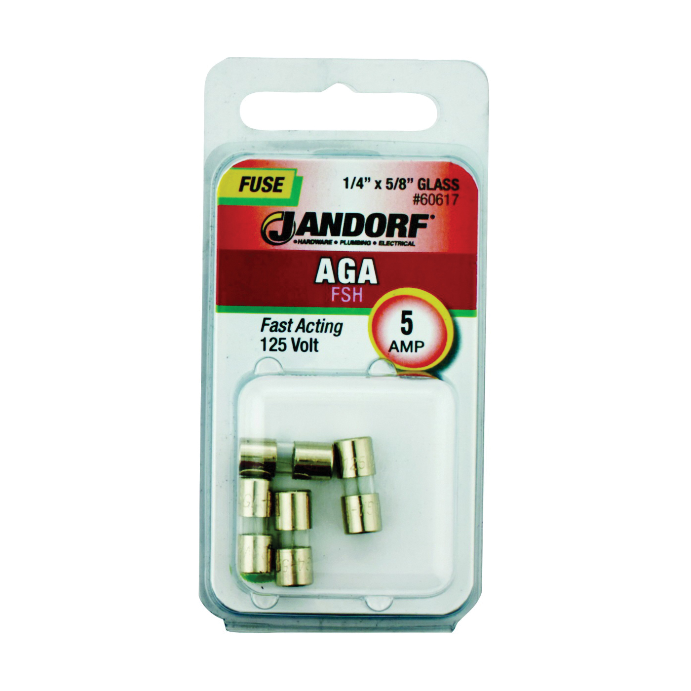 JANDORF AGA Series 60617 Fast Acting Fuse, 5 A, 125 V, 1 kA Interrupt, Glass Body, Fast-Acting Fuse
