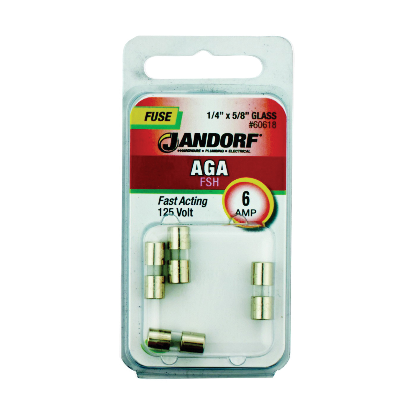 JANDORF AGA Series 60618 Fast Acting Fuse, 6 A, 125 V, 1 kA Interrupt, Glass Body, AGA, Fast-Acting Fuse