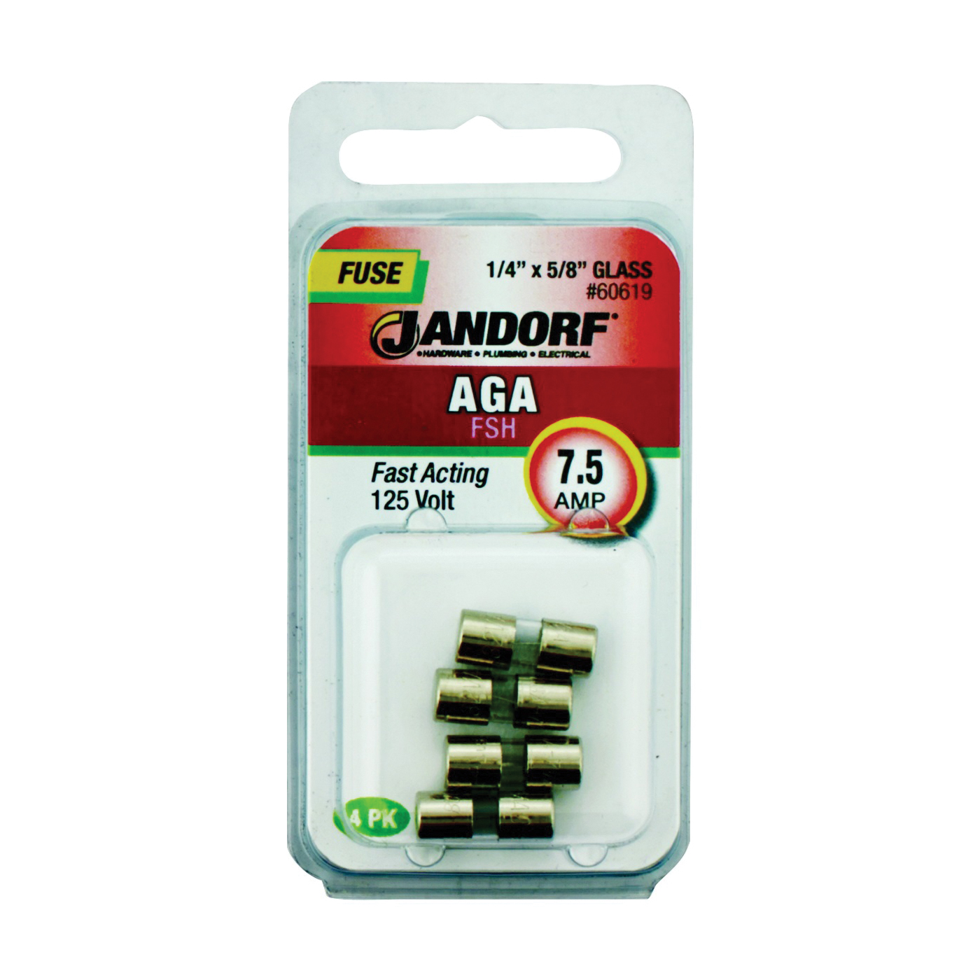 JANDORF AGA Series 60619 Fast Acting Fuse, 7.5 A, 125 V, 1 kA Interrupt, Glass Body, Fast-Acting Fuse