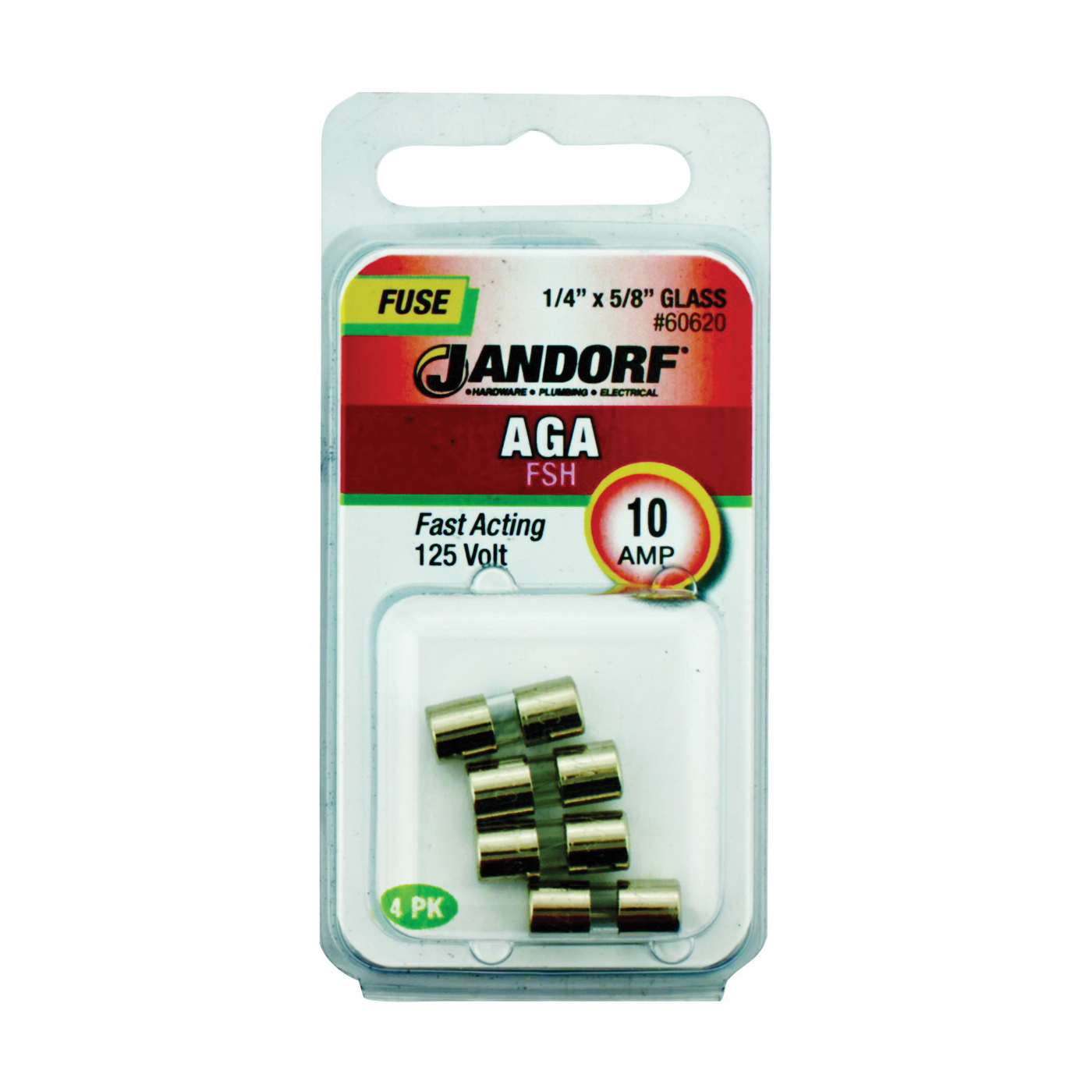 JANDORF AGA Series 60620 Fast Acting Fuse, 10 A, 125 V, 1 kA Interrupt, Glass Body, AGA