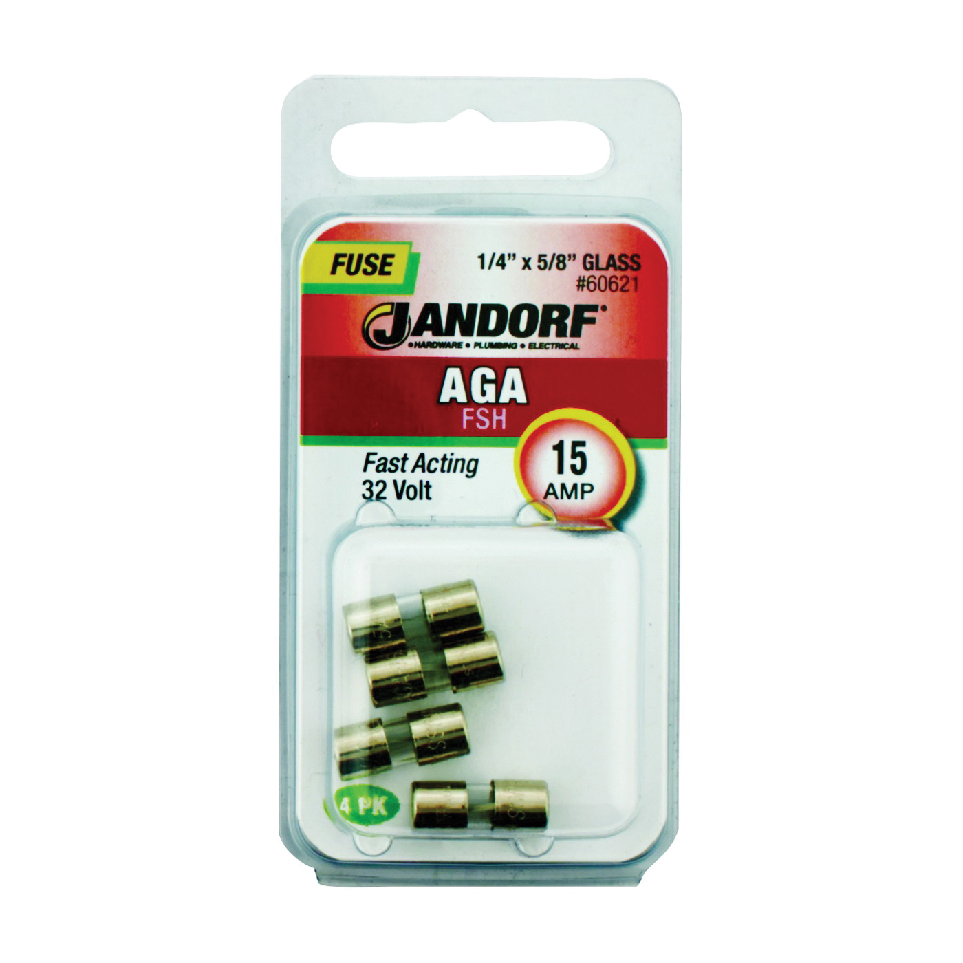 JANDORF AGA Series 60621 Fast Acting Fuse, 15 A, 32 V, 1 kA Interrupt, Glass Body, AGA