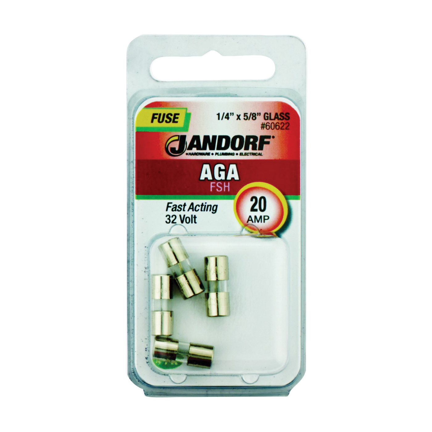 JANDORF AGA Series 60622 Fast Acting Fuse, 20 A, 32 V, 1 kA Interrupt, Glass Body, Fast-Acting Fuse