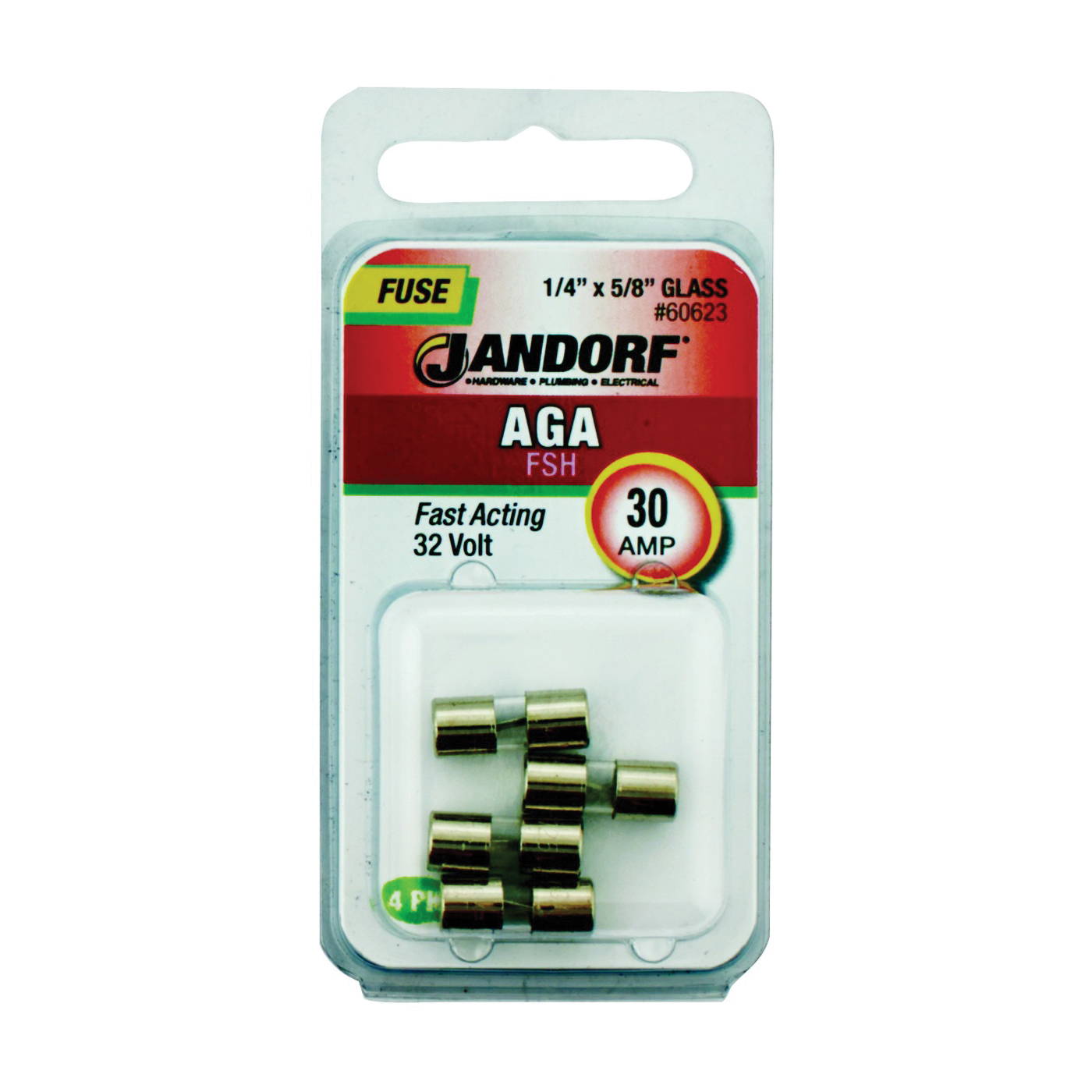 JANDORF AGA Series 60623 Fast Acting Fuse, 30 A, 32 V, 1 kA Interrupt, Glass Body, Fast-Acting Fuse