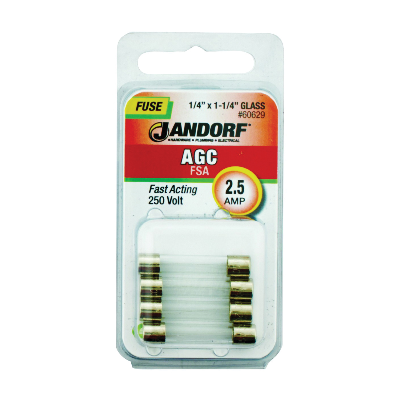 JANDORF AGC Series 60629 Fast Acting Fuse, 2.5 A, 250 V, 100 A, 10 kA Interrupt, Glass Body, Fast-Acting Fuse