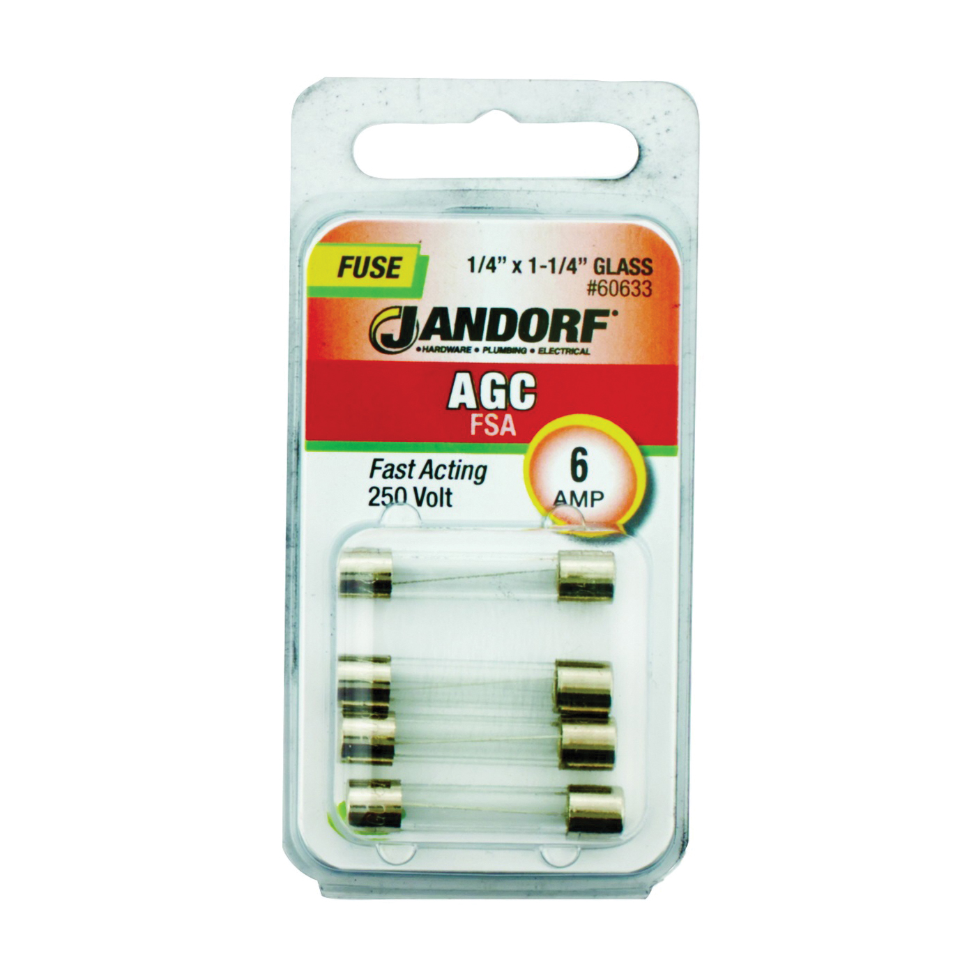 JANDORF AGC Series 60633 Fast Acting Fuse, 6 A, 250 V, 200 A, 10 kA Interrupt, Glass Body, AGC, Fast-Acting Fuse