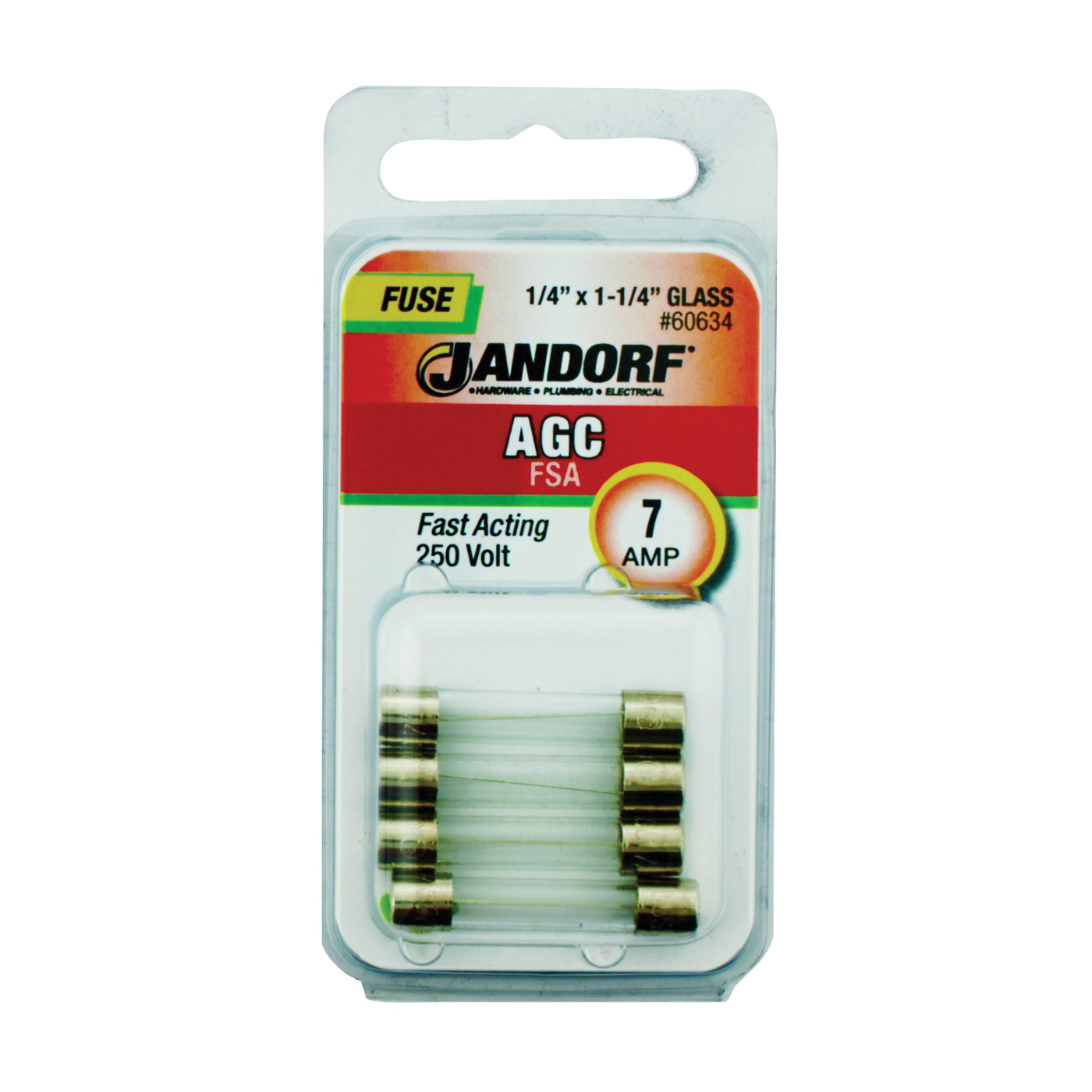 JANDORF AGC Series 60634 Fast Acting Fuse, 7 A, 250 V, 200 A, 10 kA Interrupt, Glass Body, AGC