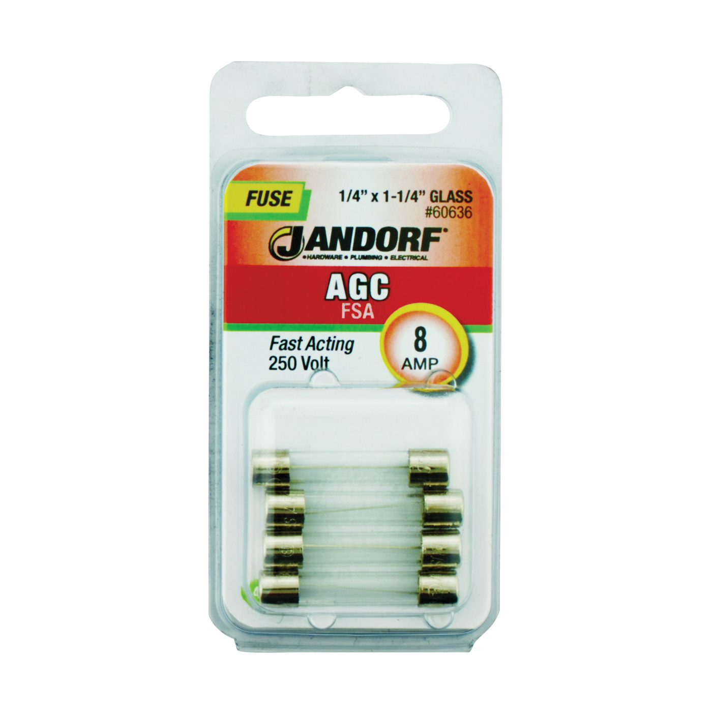 JANDORF AGC Series 60636 Fast Acting Fuse, 8 A, 250 V, 200 A, 10 kA Interrupt, Glass Body, AGC, Fast-Acting Fuse