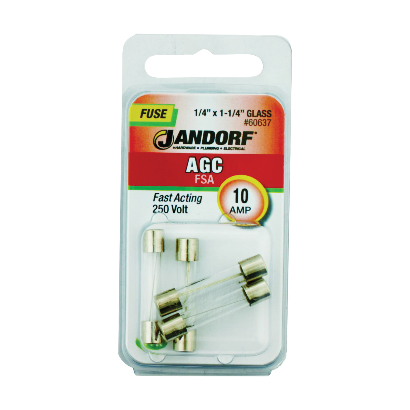 60637 Cartridge Fast Acting Fuse, 10 A, 250 V, 200 A, 10 kA Interrupt, Glass Body