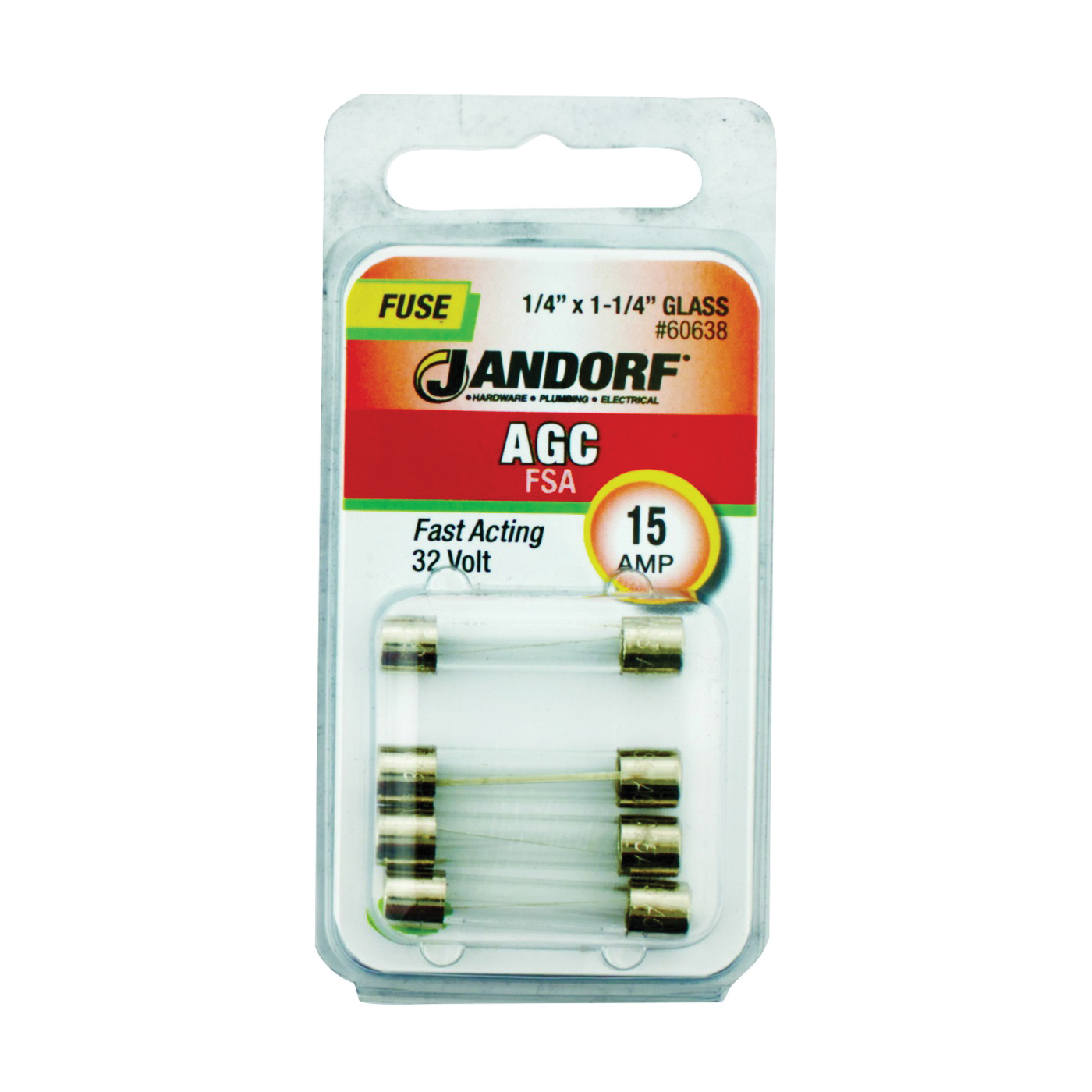 60638 Cartridge Fast Acting Fuse, 15 A, 32 V, 1 kA Interrupt, Glass Body