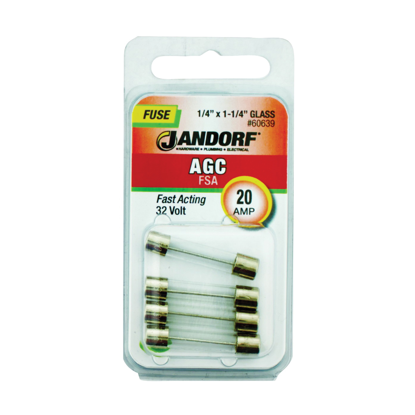 JANDORF AGC Series 60639 Fast Acting Fuse, 20 A, 32 V, 1 kA Interrupt, Glass Body, Fast-Acting Fuse