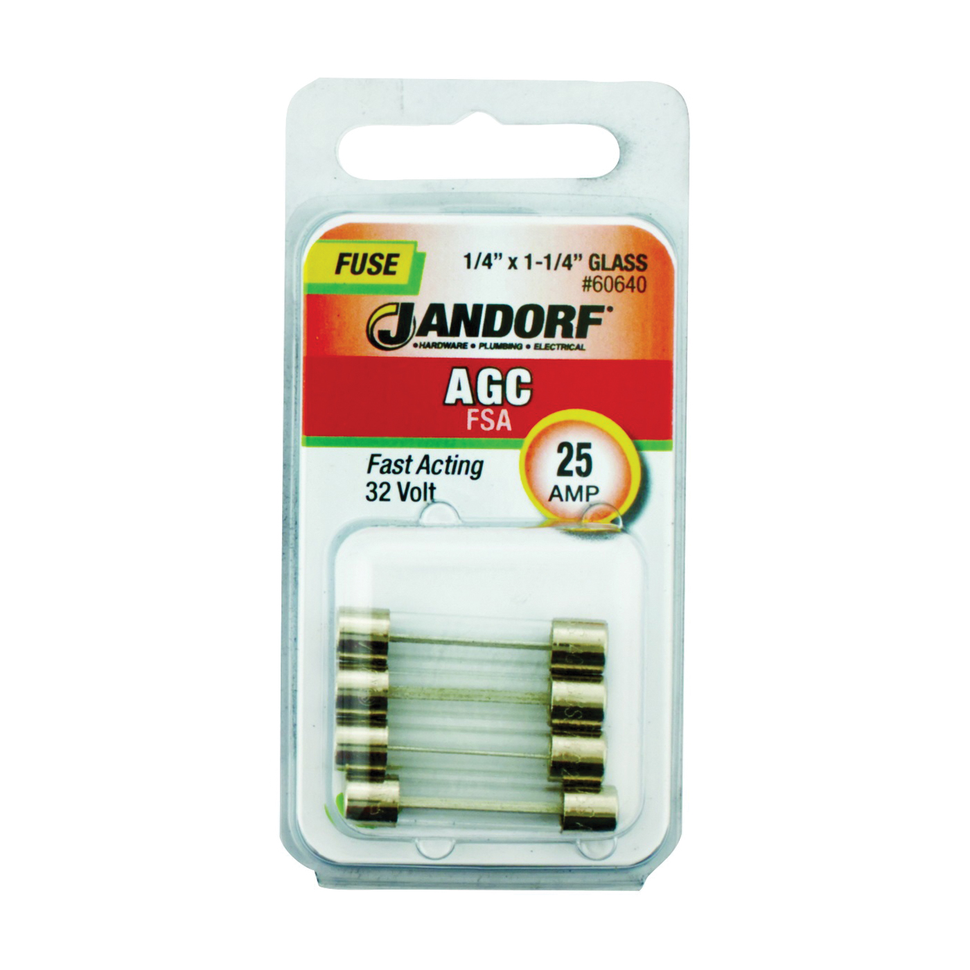 JANDORF AGC Series 60640 Fast Acting Fuse, 25 A, 32 V, 1 kA Interrupt, Glass Body, AGC