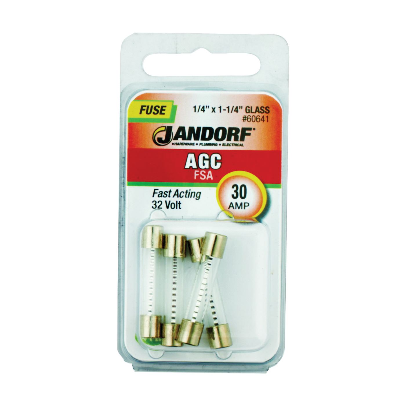 JANDORF AGC Series 60641 Fast Acting Fuse, 30 A, 32 V, 1 kA Interrupt, Glass Body, AGC