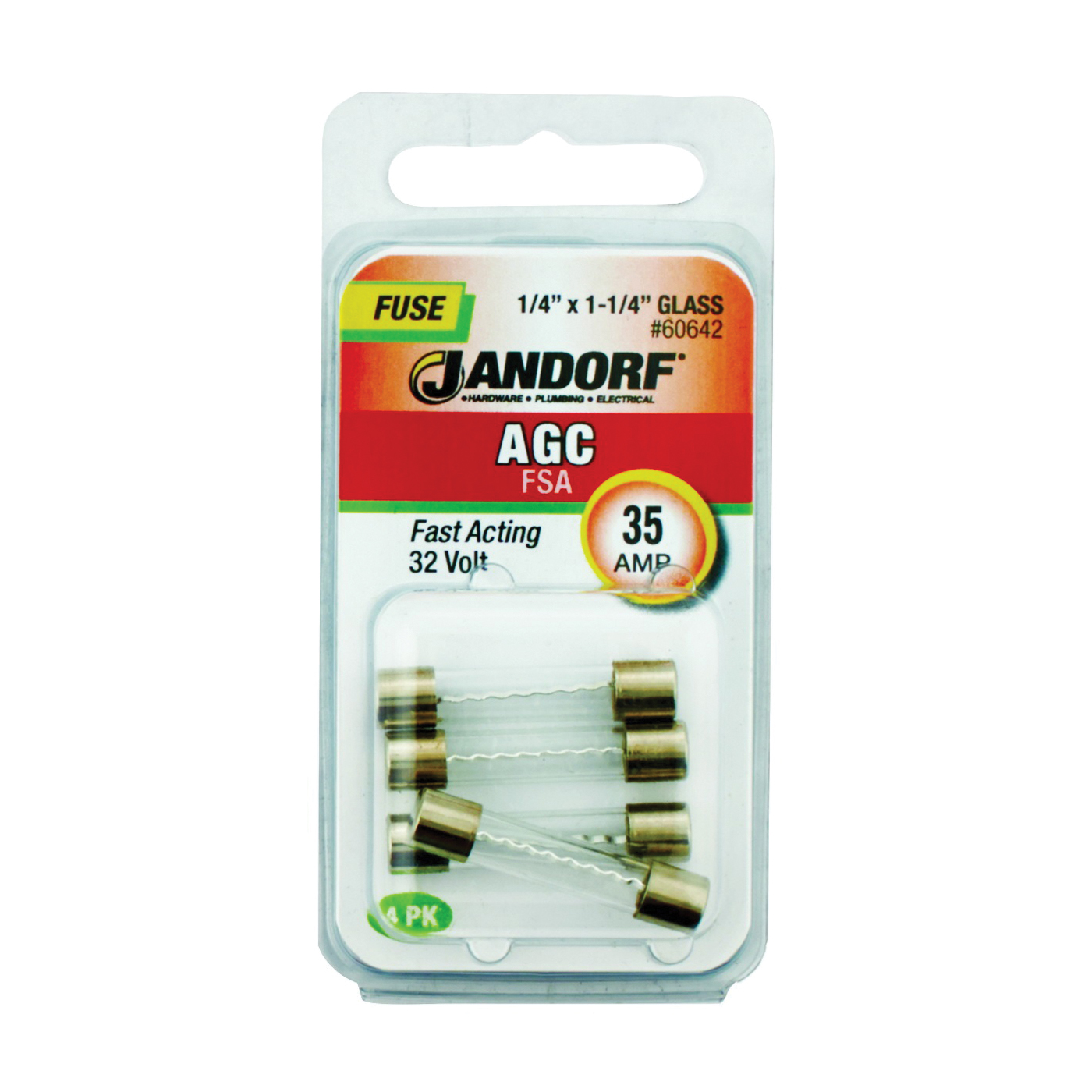 JANDORF AGC Series 60642 Fast Acting Fuse, 35 A, 32 V, 70 A Interrupt, Glass Body