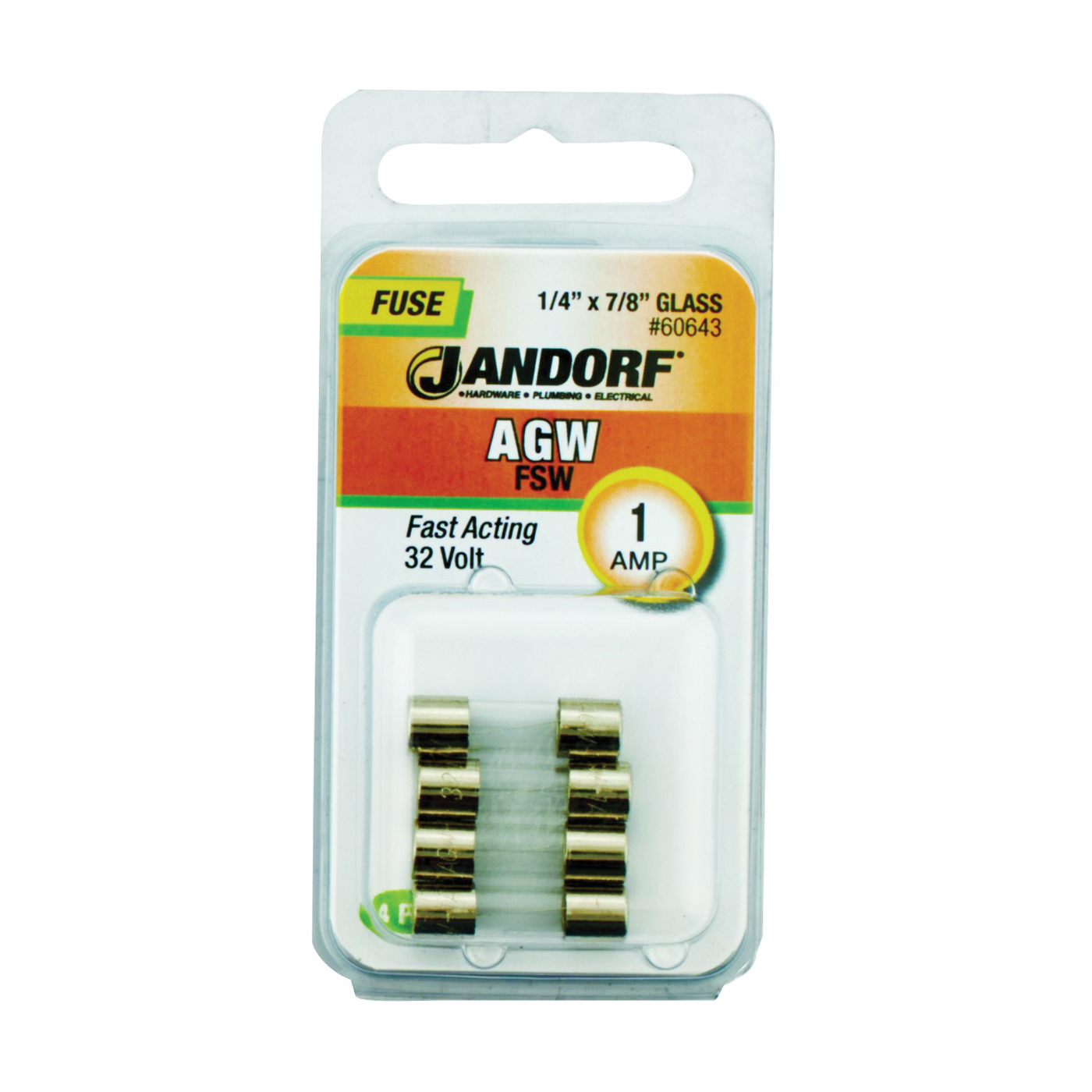 JANDORF AGW Series 60643 Fast Acting Fuse, 1 A, 32 V, 10 kA Interrupt, Glass Body, Fast-Acting Fuse