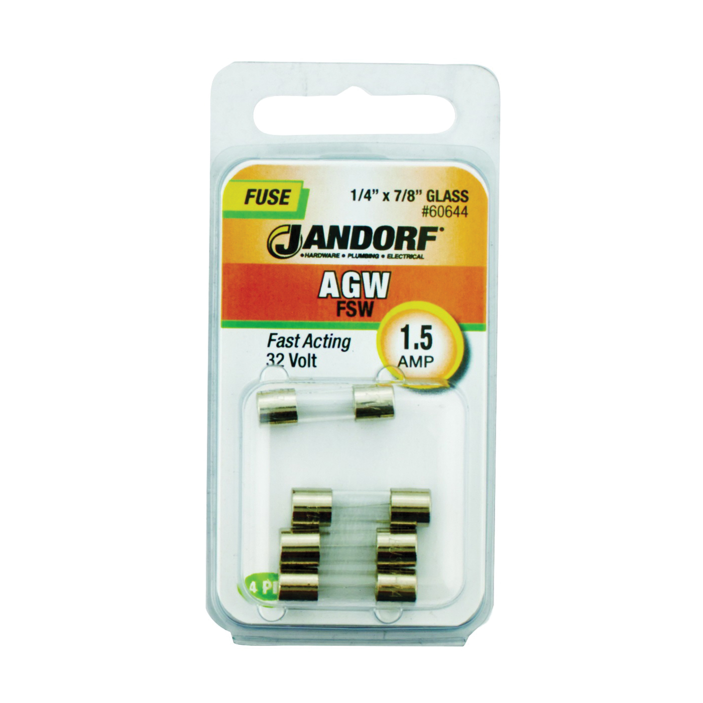 JANDORF AGW Series 60644 Fast Acting Fuse, 1.5 A, 32 V, 10 kA Interrupt, Glass Body, Fast-Acting Fuse