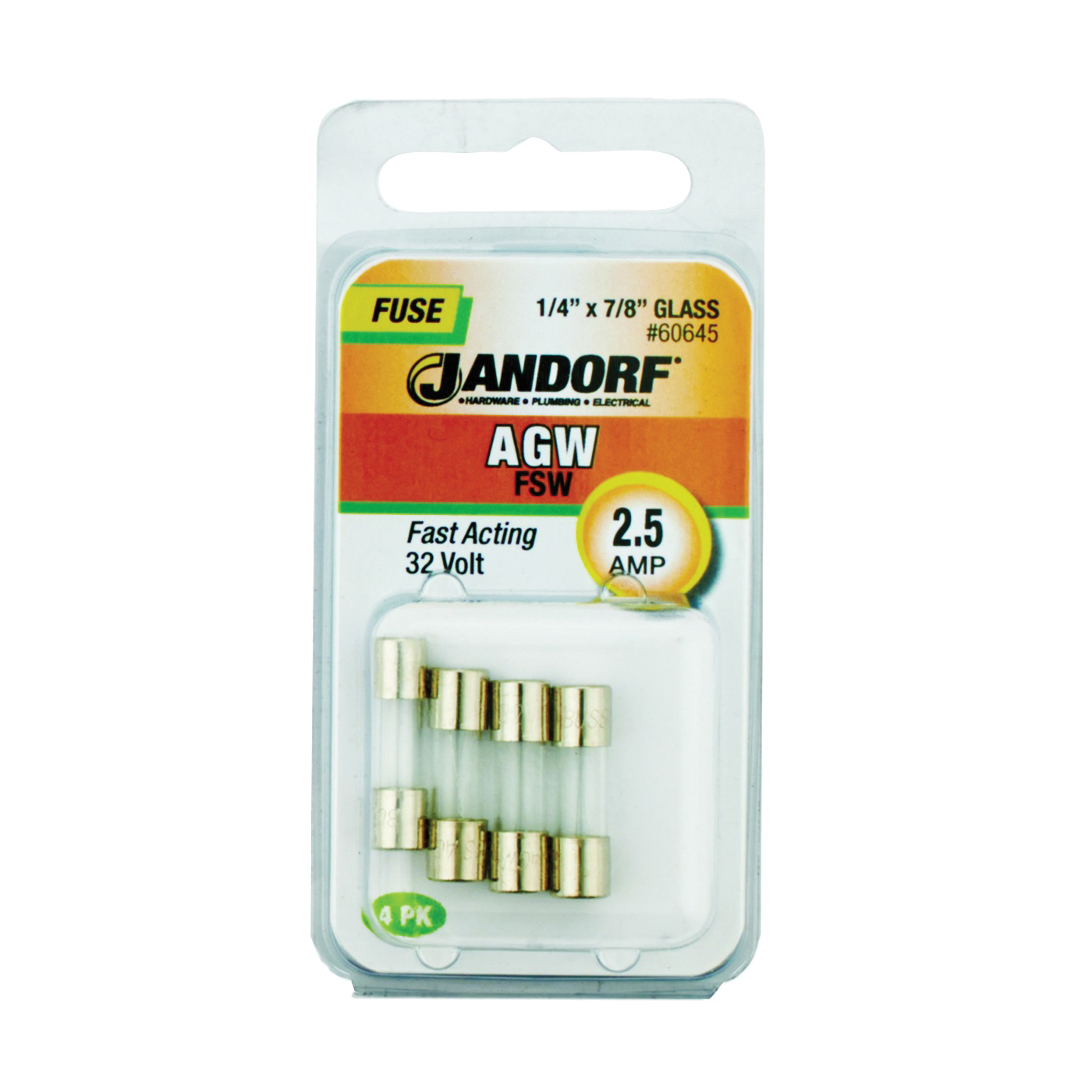 JANDORF AGW Series 60645 Fast Acting Fuse, 2.5 A, 32 V, 10 kA Interrupt, Glass Body, Fast-Acting Fuse