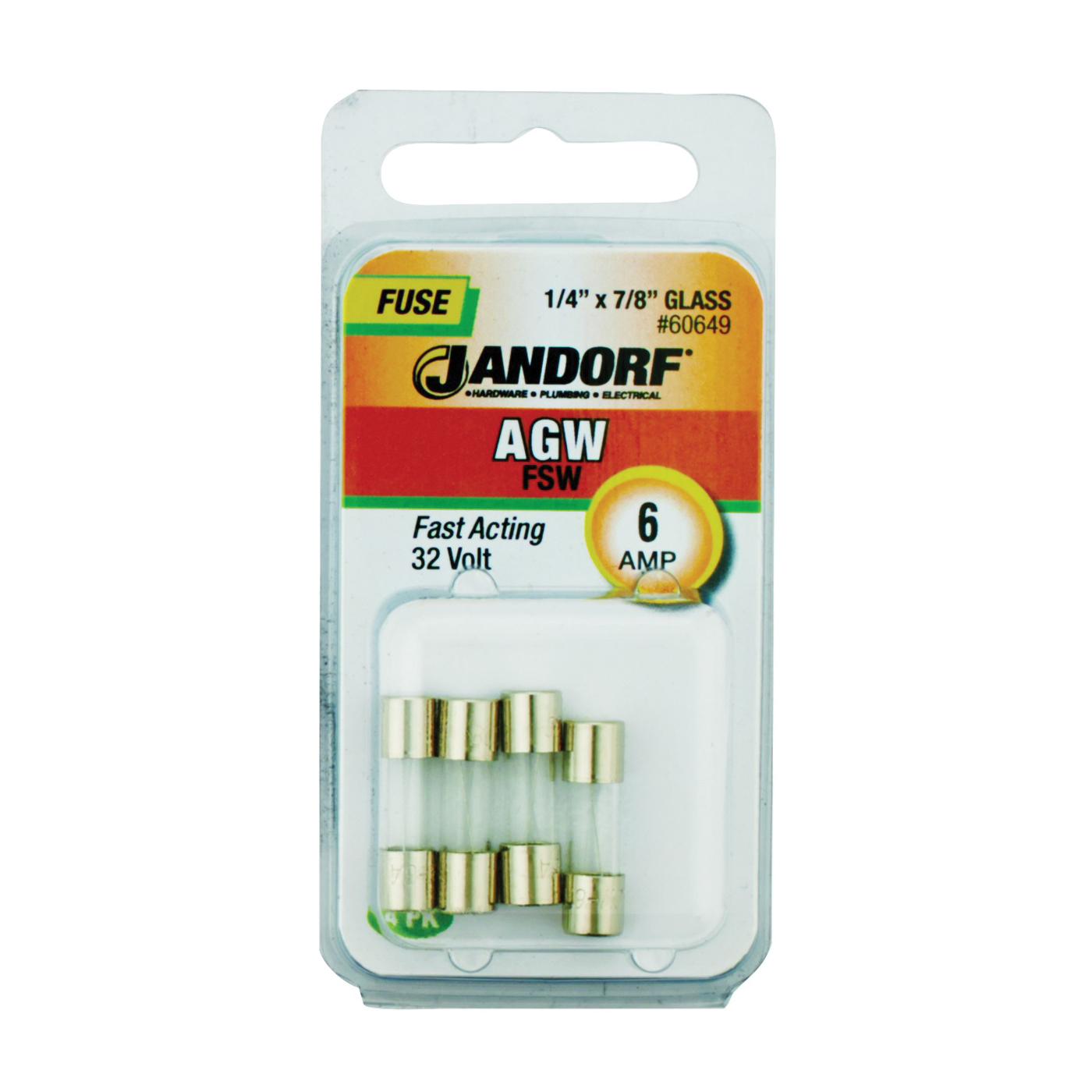 JANDORF AGW Series 60649 Fast Acting Fuse, 6 A, 32 V, 10 kA Interrupt, Glass Body, Fast-Acting Fuse